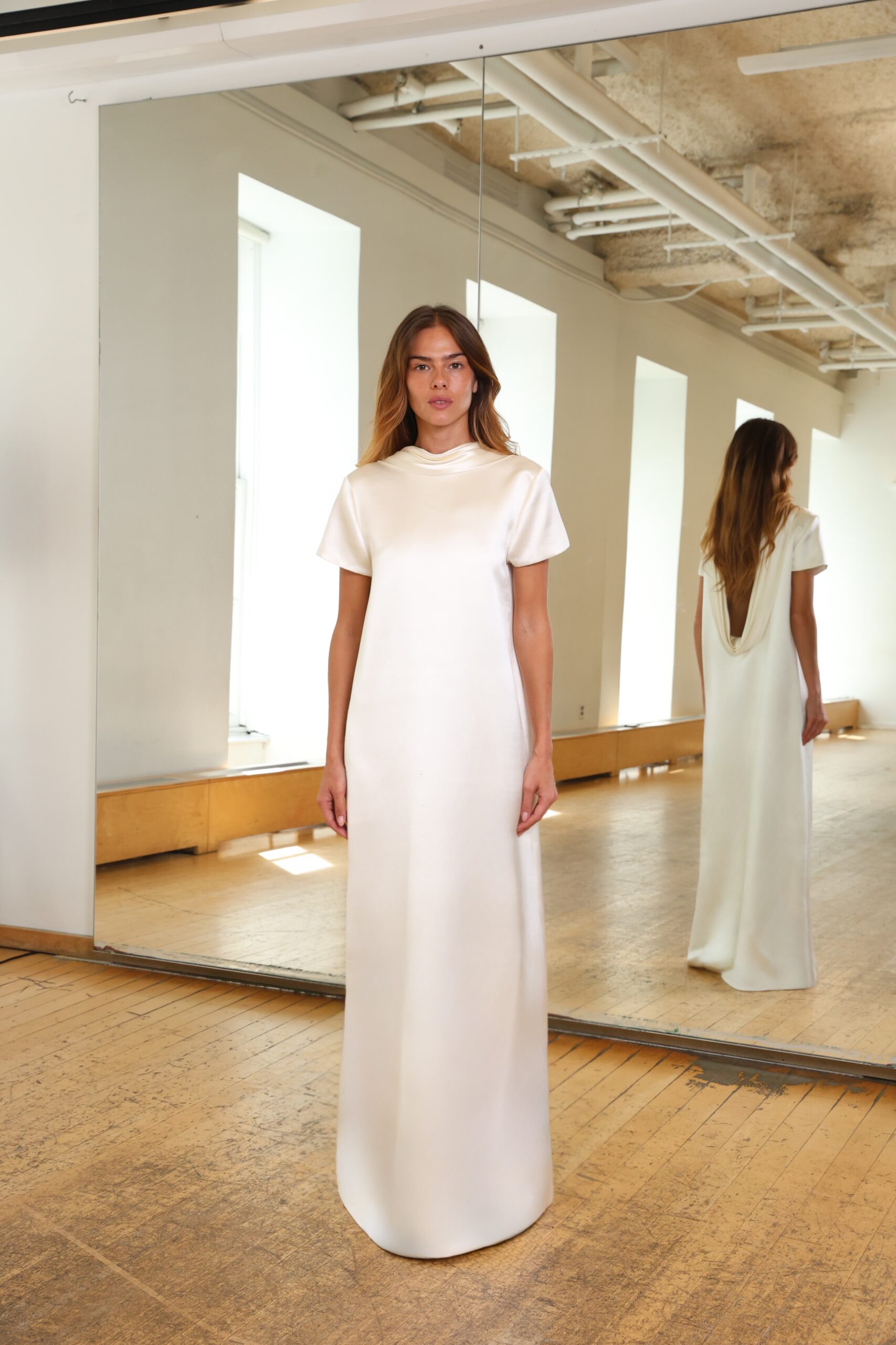 High-Neck Draped-Back Gown